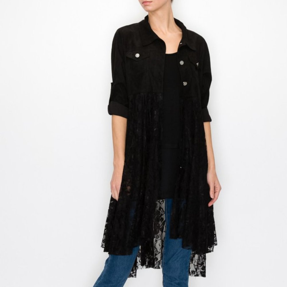 NWT origami designer BLACK DENIM LACE CARDIGAN DUSTER bohmeian western SM-3X